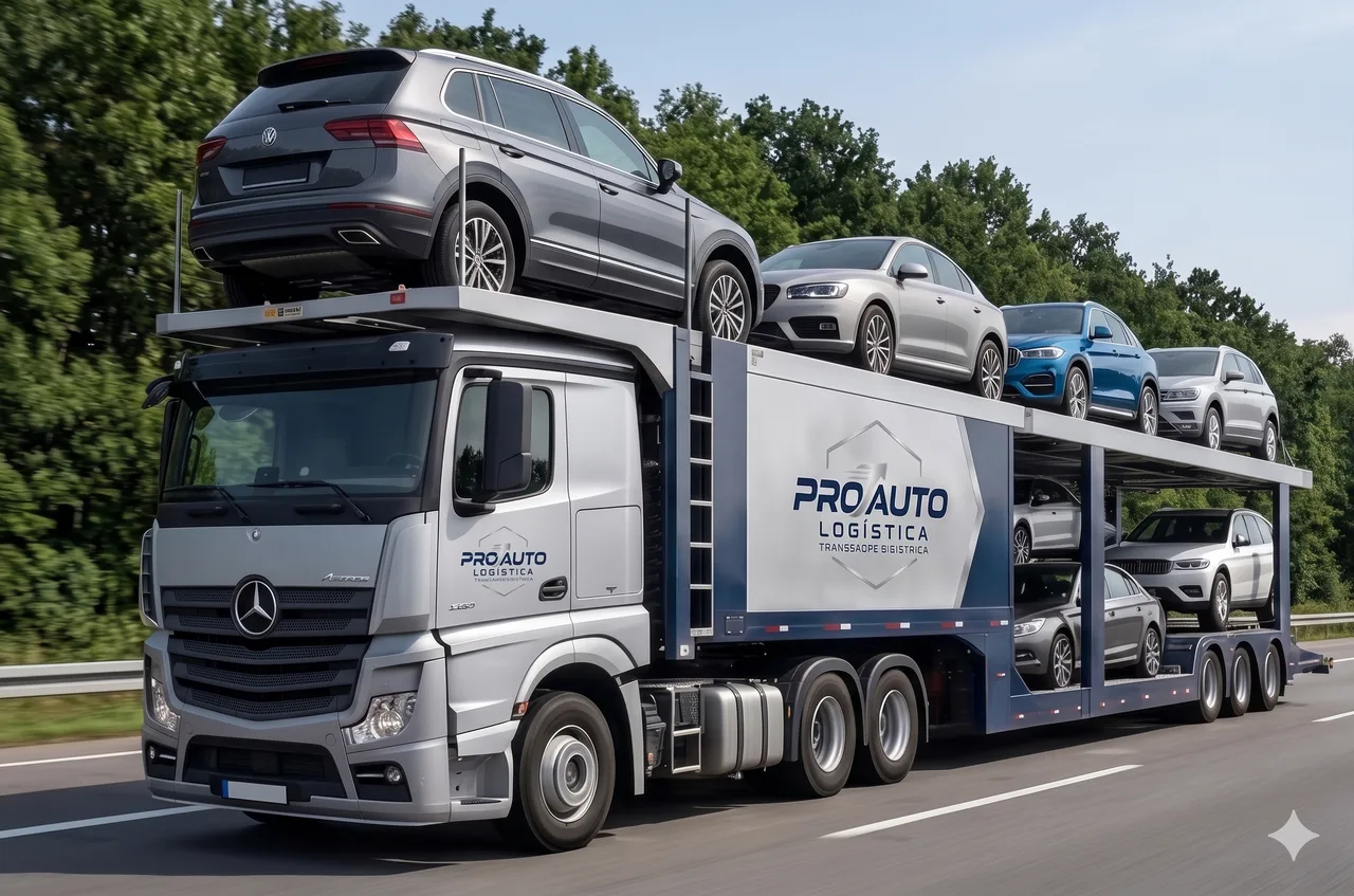 Caminhão cegonha Pro Auto Logística em rodovia, transportando veículos